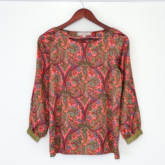 LOFT Paisley Satin Long Sleeve Blouse Boho Colorful Office Festive Red Green XS - Picture 3 of 7